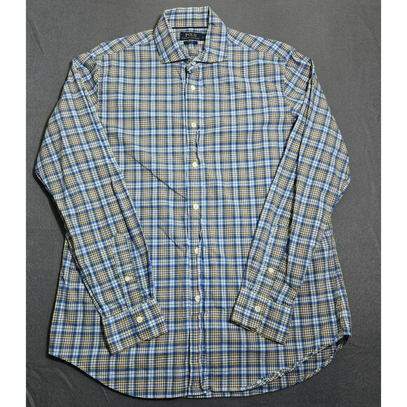 Polo Ralph Lauren Men L 120's 2-Ply Blue Plaid Long Sleeve Button Up Dress Shirt - Picture 1 of 8